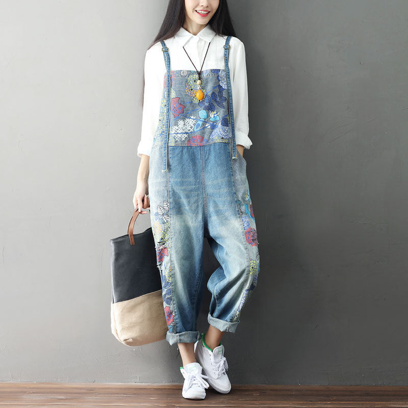 Stitched jeans large size printed suspender bib