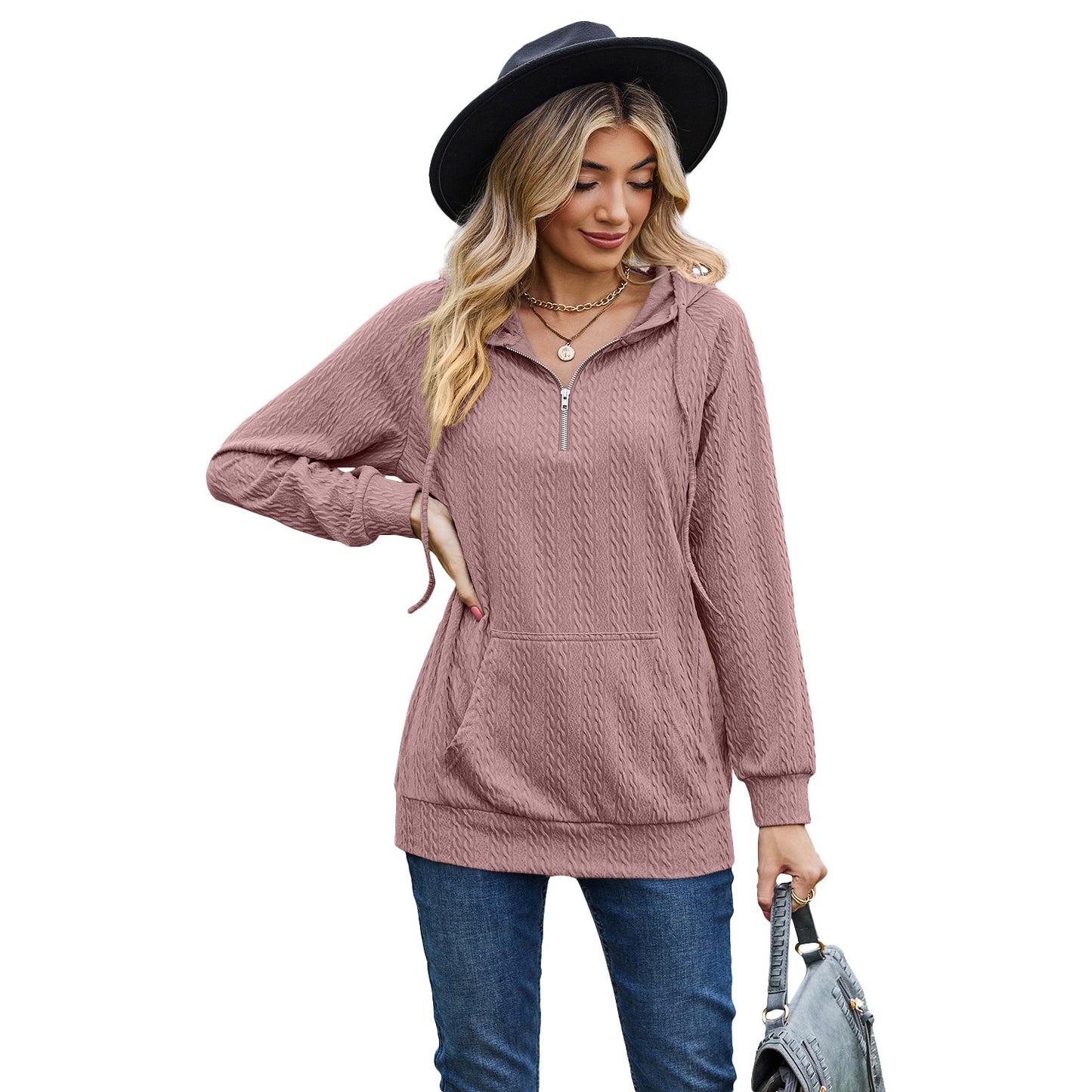 Women's Fashion Solid Color Hooded Zipper Loose Long Sleeve Sweatershirt