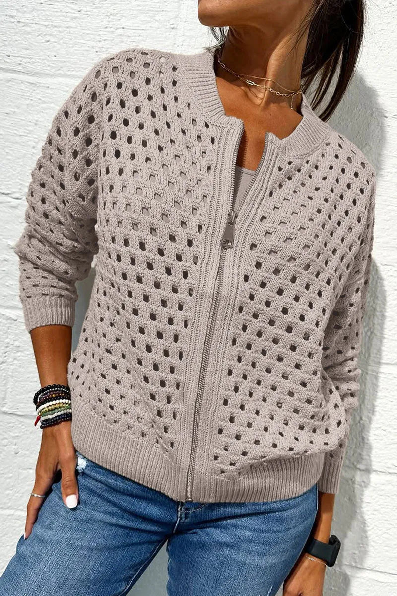 European And American Leisure Hollow Knitted Zipper Jacket Women's Coat