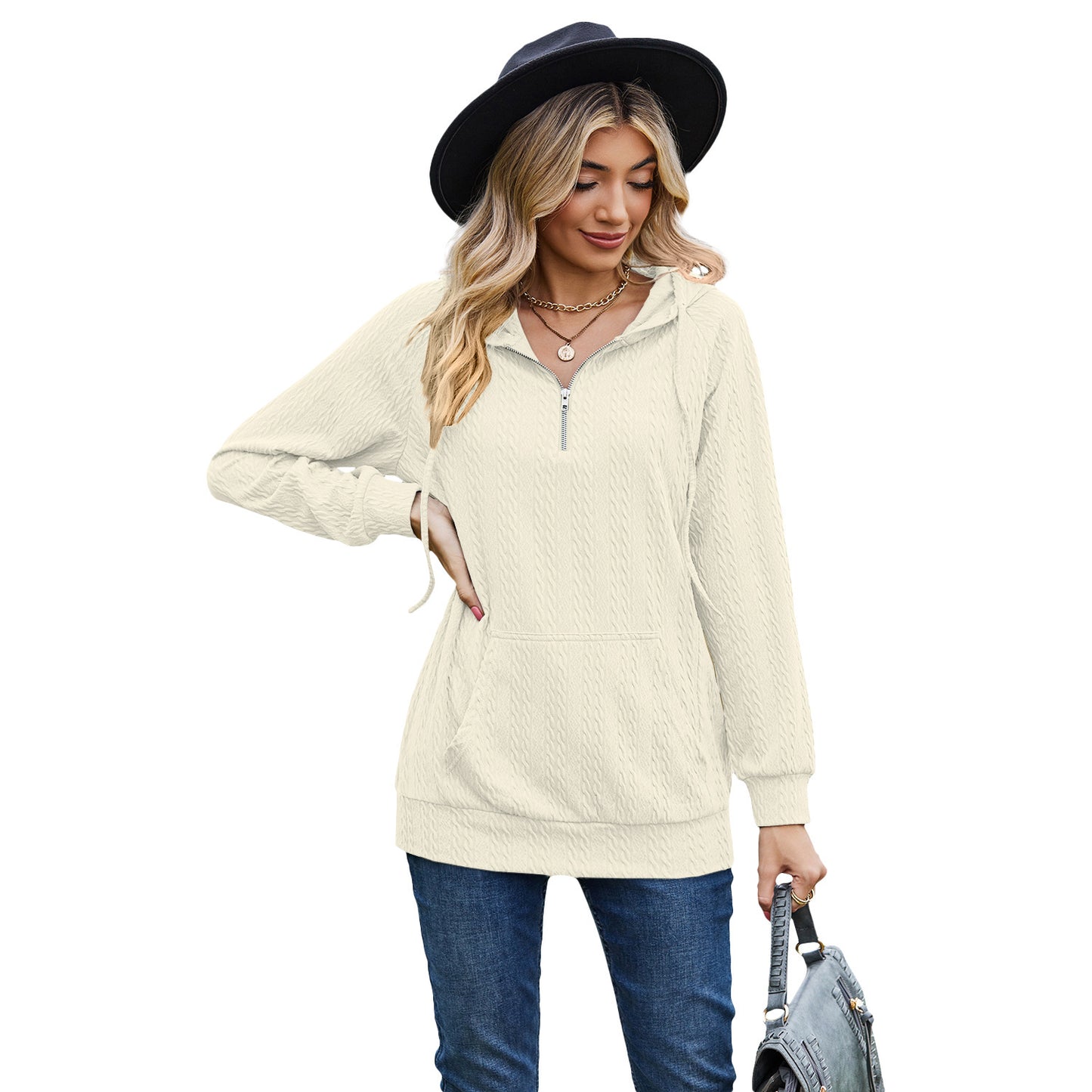 Women's Fashion Solid Color Hooded Zipper Loose Long Sleeve Sweatershirt