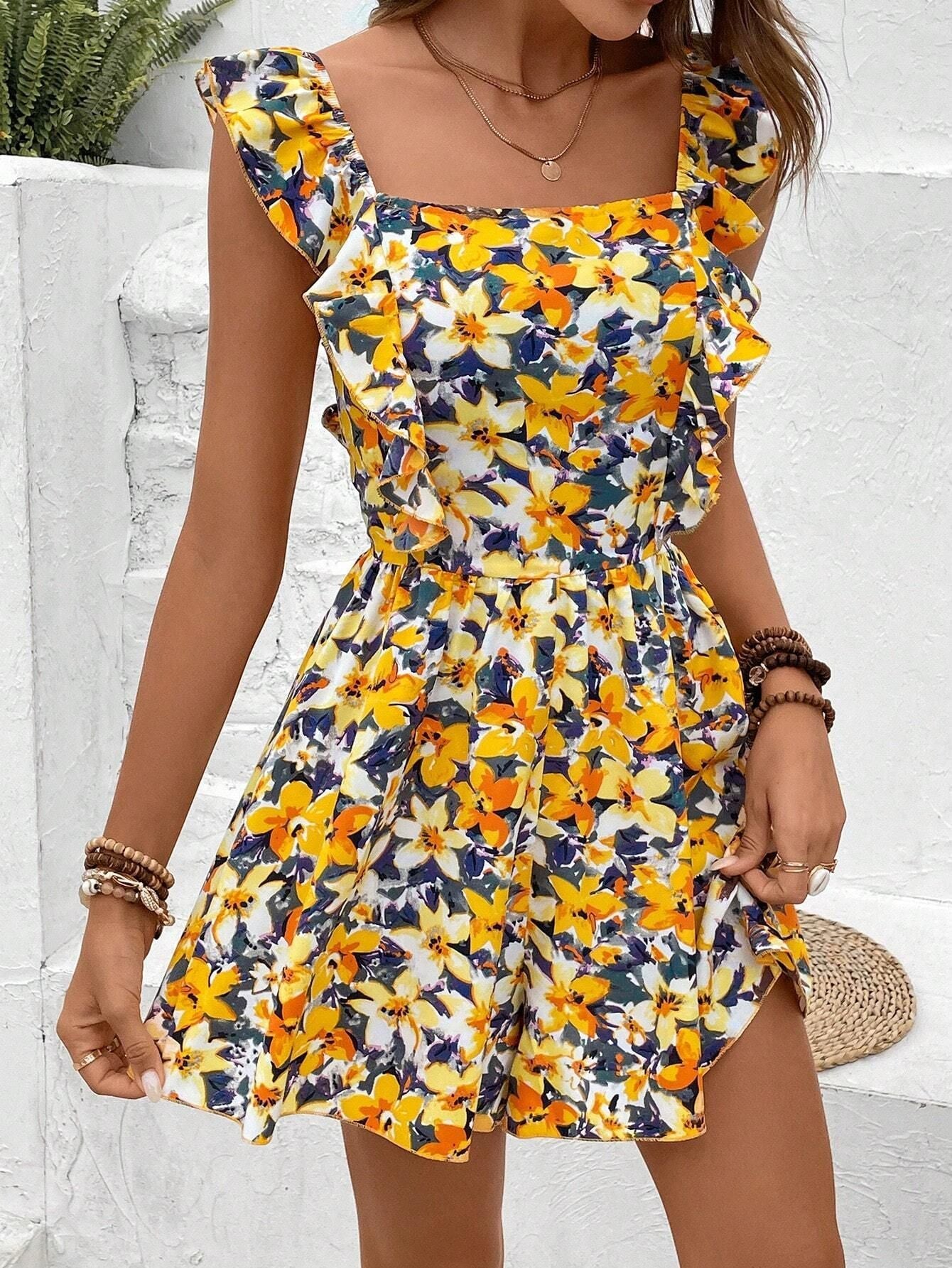 Elegant Sleeveless Square Collar Printed Elastic Waist Back Slingback One-piece Shorts