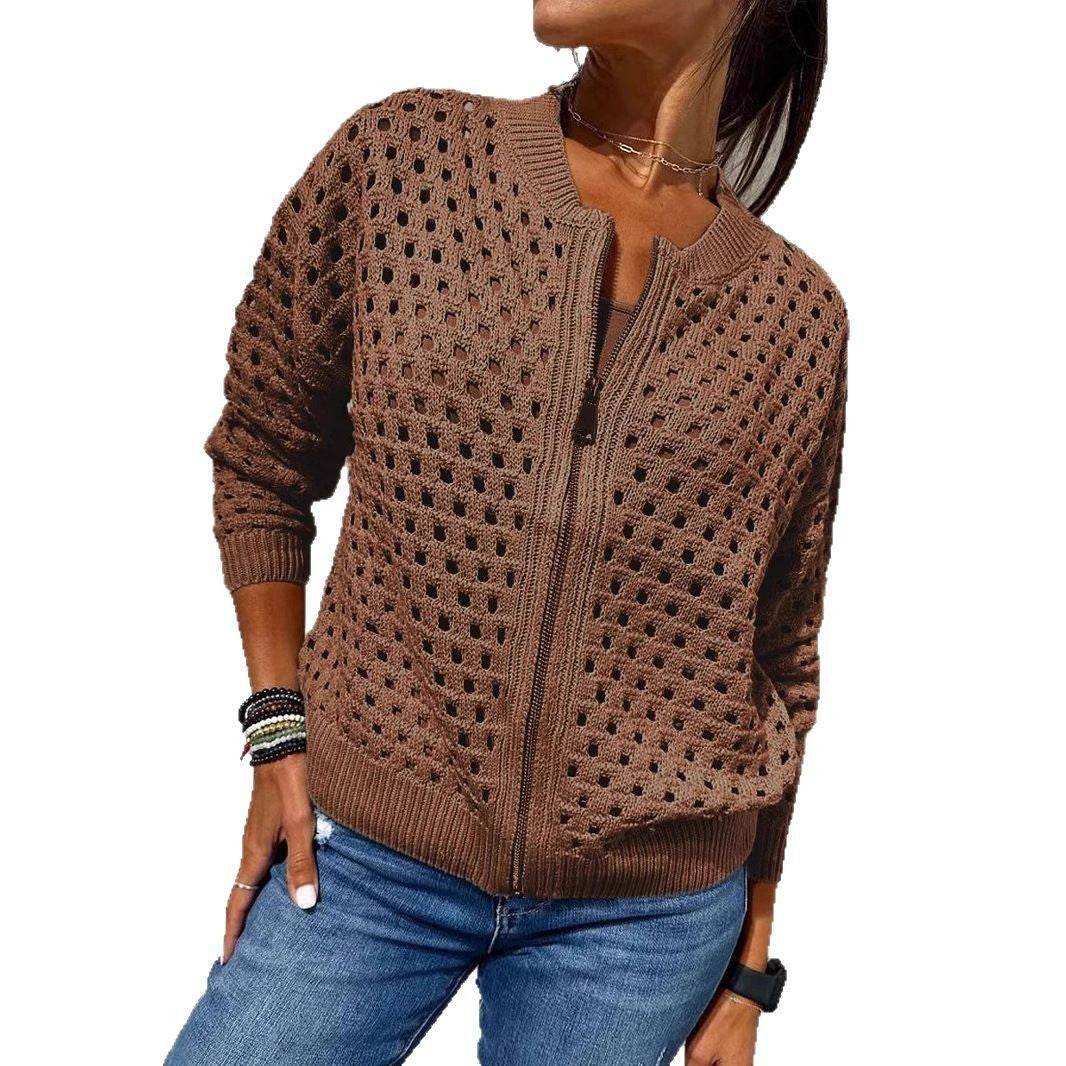 European And American Leisure Hollow Knitted Zipper Jacket Women's Coat