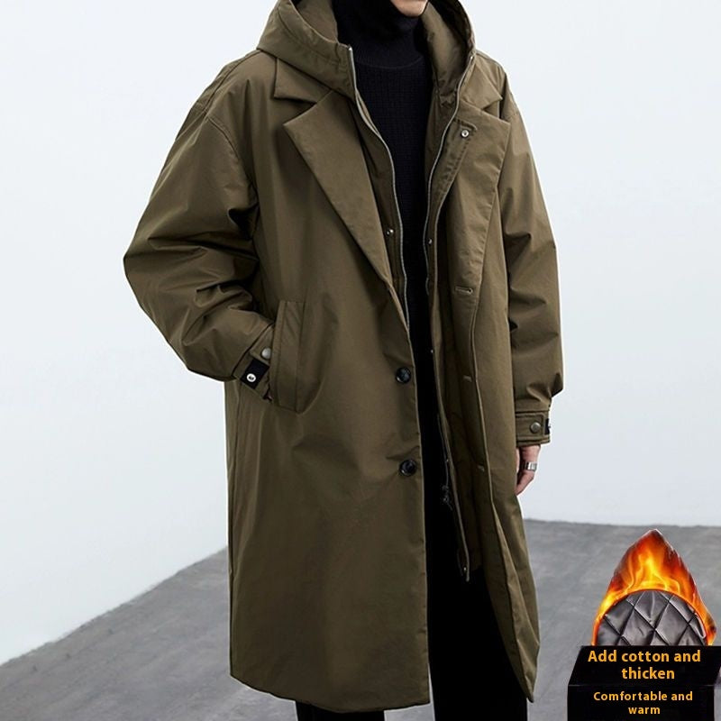 Coat Coat Men's False Two Pieces Hooded Mid-length Trench Coat