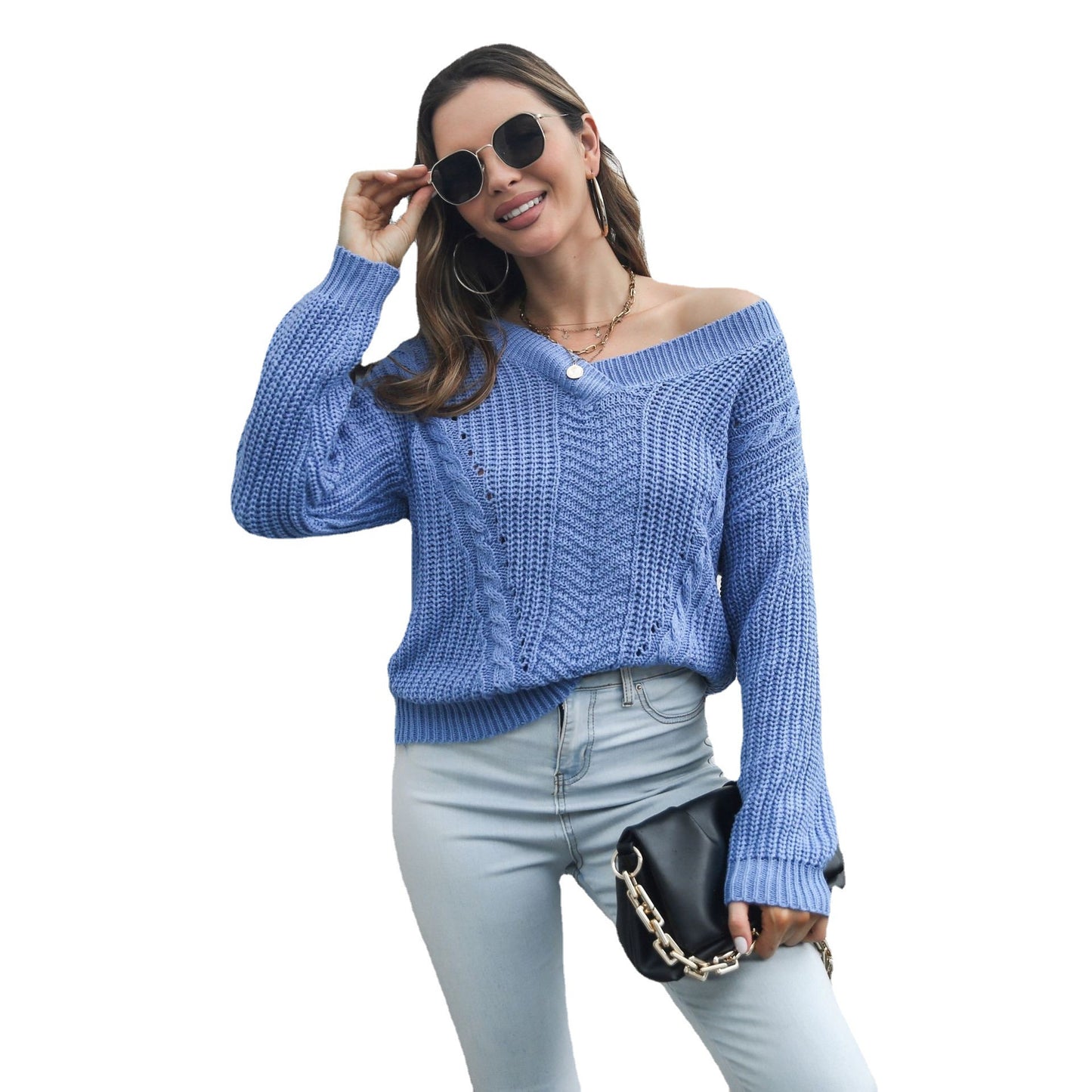 Women's Loose V-neck Sweater With Twist Hollow