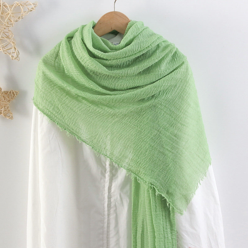 Solid Color Pleated Cotton And Linen Scarf Monochrome Women's Hair Towel Crumpled Burrs