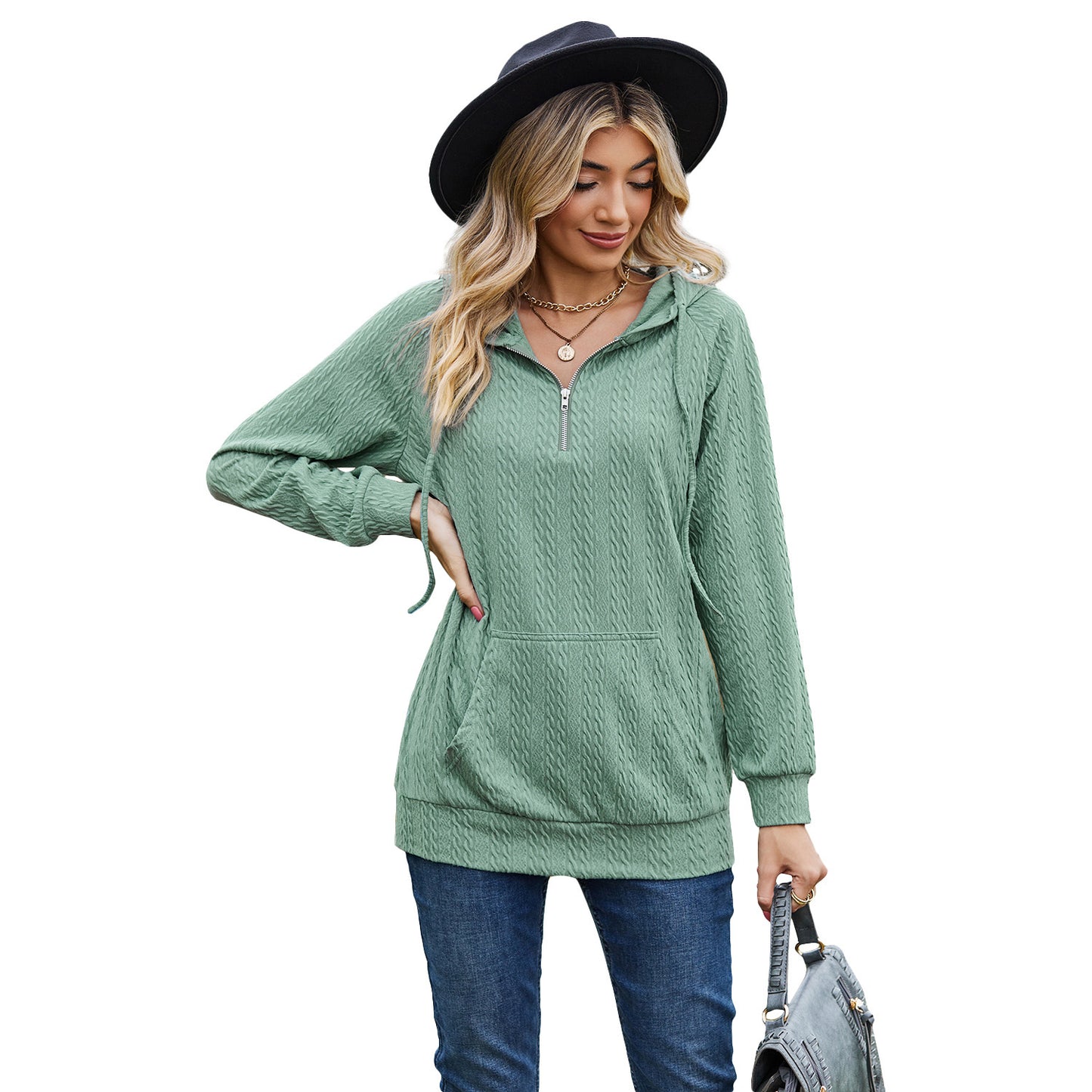 Women's Fashion Solid Color Hooded Zipper Loose Long Sleeve Sweatershirt