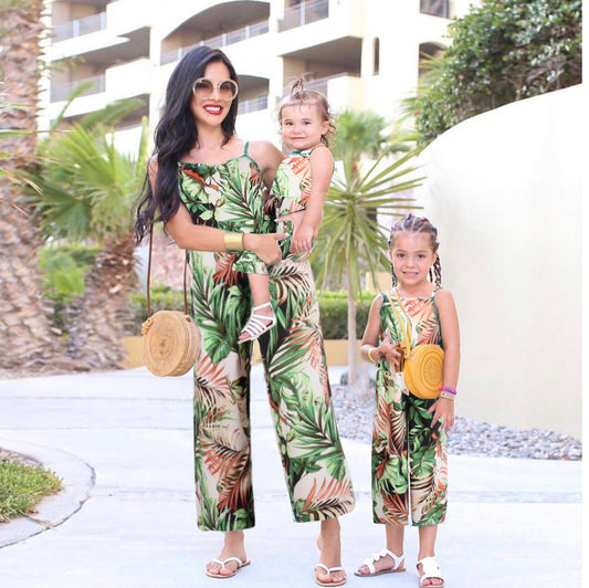 Mother And Daughter Green Sling Family Parent-Child Suit