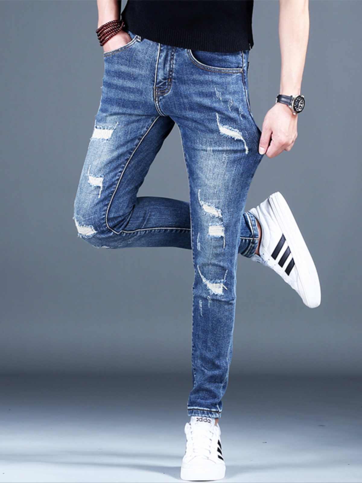 Ripped Fleece Padded Jeans Men's Stretch Casual Slim-fit Pants