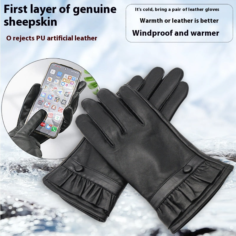 Genuine Leather Gloves Men's Winter Velvet Cold Protection Warm Sheepskin Gloves Cycling And Driving Touch Screen