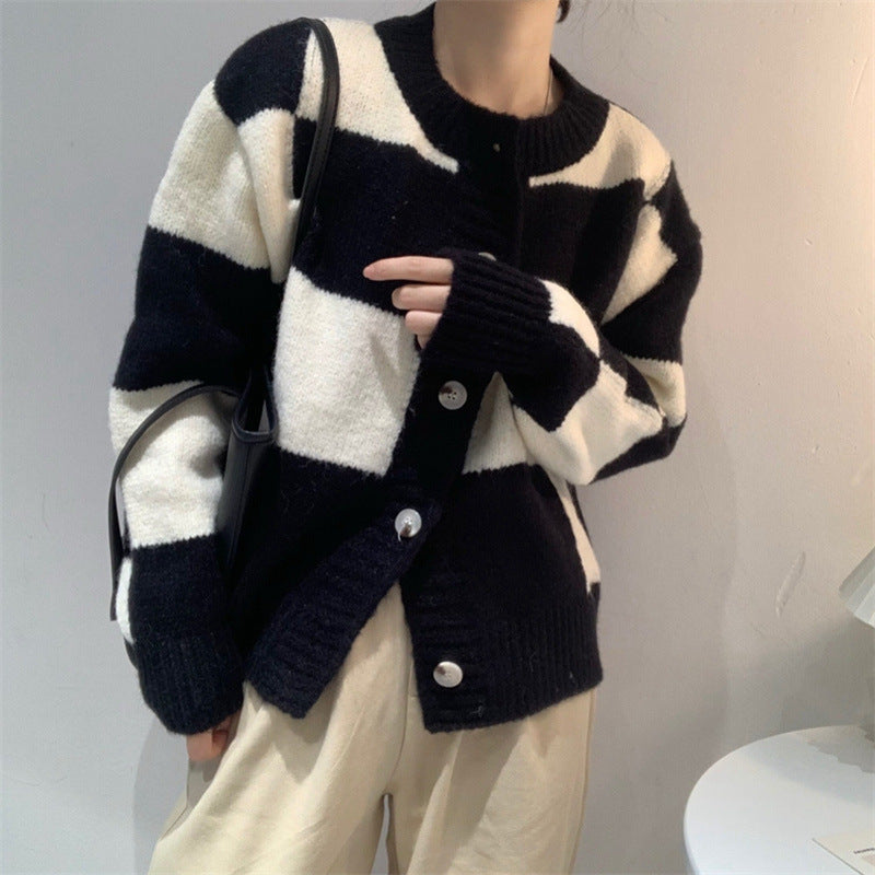 Women's Loose Check Color Check Sweater Coat