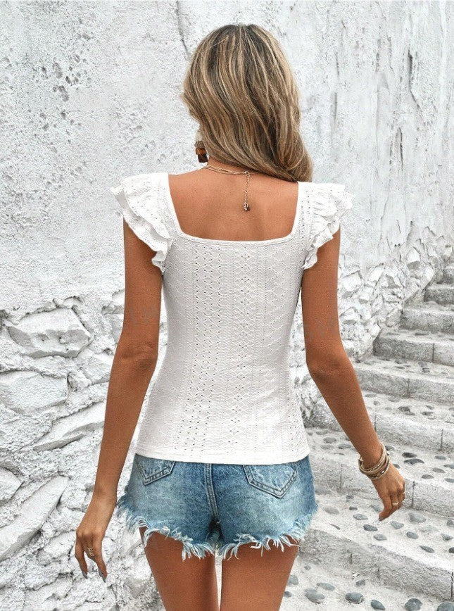 Women's Square Collar Ruffled Slim T-shirt