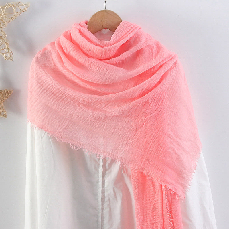 Solid Color Pleated Cotton And Linen Scarf Monochrome Women's Hair Towel Crumpled Burrs