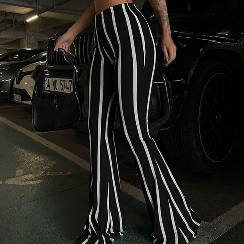 Striped Slightly Flared Black And White Contrast Casual Pants