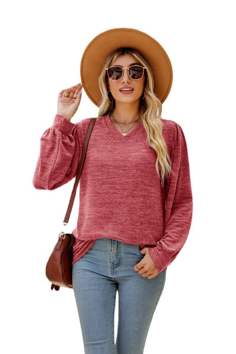 Loose Casual Puff Sleeve V-neck Long Sleeve Top Women