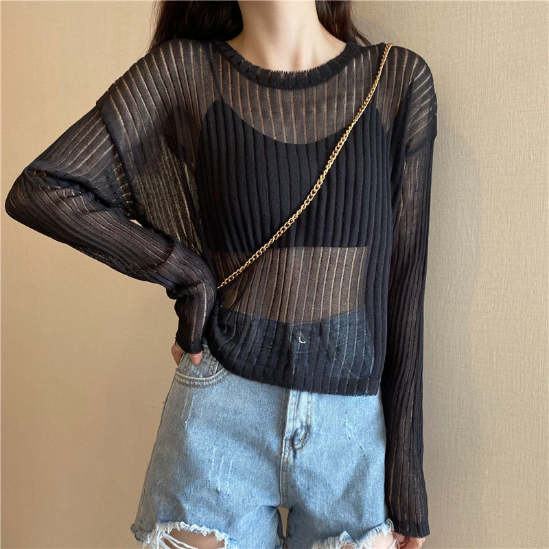 Korean Style Loose Thin Long Sleeved Hollow Knit Sweater Women