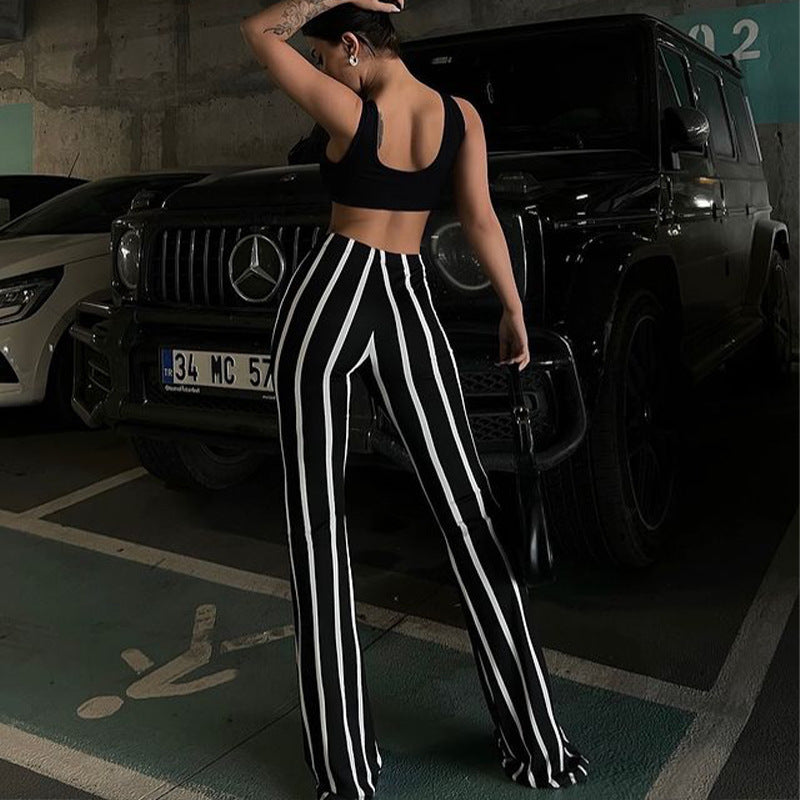 Striped Slightly Flared Black And White Contrast Casual Pants