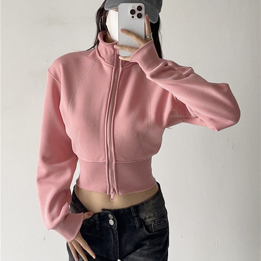 European And American Style Fleece-lined Waist Stand Collar Detachable Hooded Zipper Sweatshirt