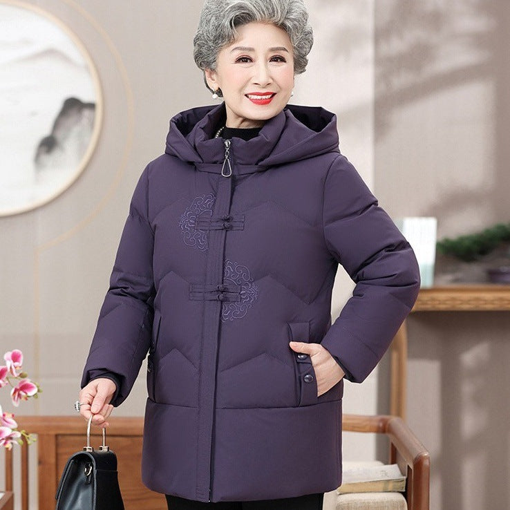 Middle-aged And Elderly Women's Dress White Duck Down Loose Warm Hooded Jacket