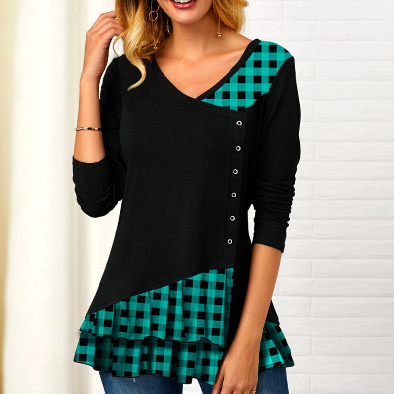 Women's new long-sleeved plaid irregular stitching T-shirts