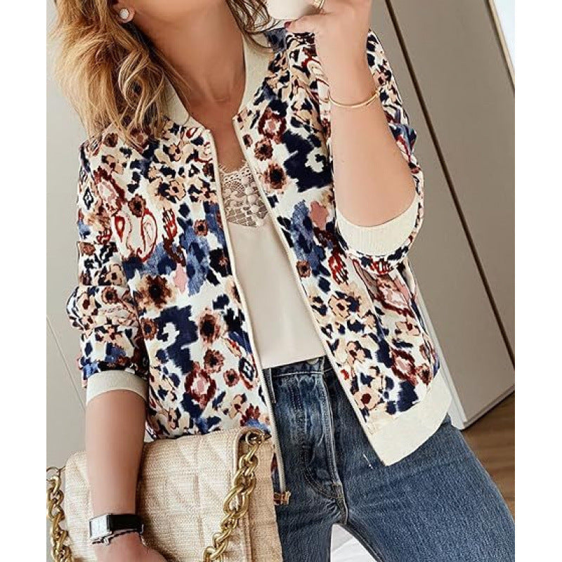 Women's Zipper Casual Leopard Print Stand Collar Short Jacket