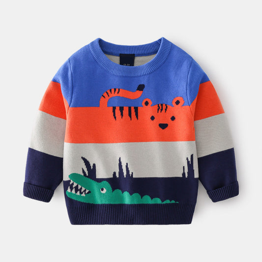 Abstract Cartoon Jacquard Double Layer Sweater For Boys