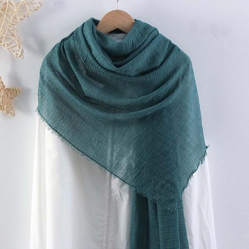 Solid Color Pleated Cotton And Linen Scarf Monochrome Women's Hair Towel Crumpled Burrs