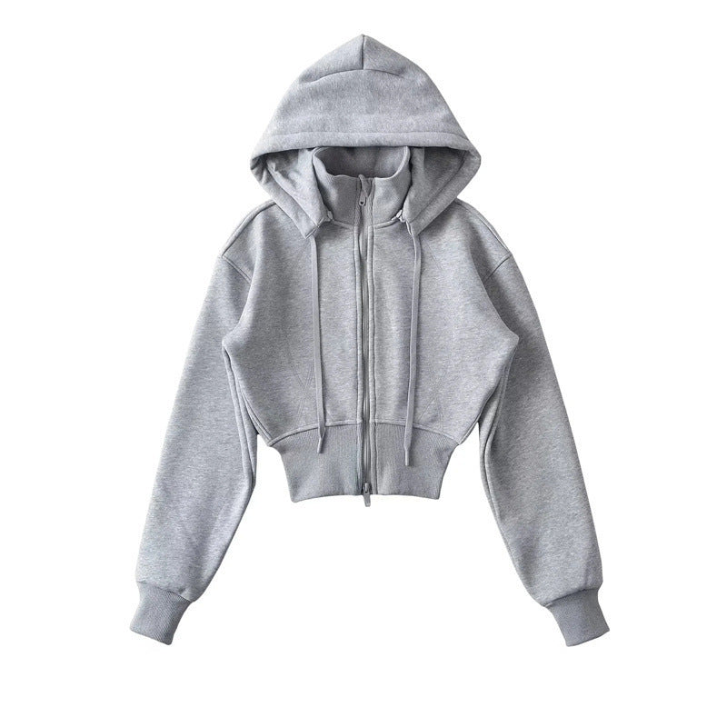 European And American Style Fleece-lined Waist Stand Collar Detachable Hooded Zipper Sweatshirt