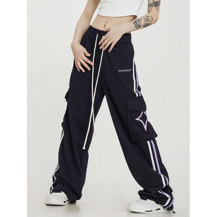 Embroidered Striped Cotton Cover Silk Sweatpants Men And Women Loose