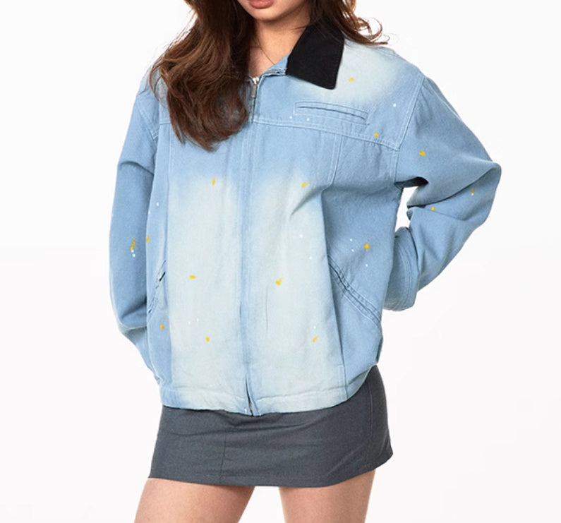 Splash Ink Color Effect Collar Washed Denim Jacket Coat