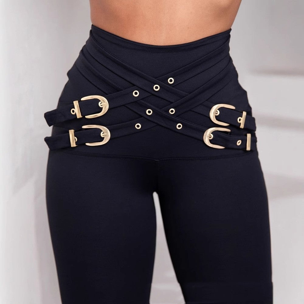 European And American Waist Metallic Belt Decorative High Waist High Elastic Tight Skinny Pants