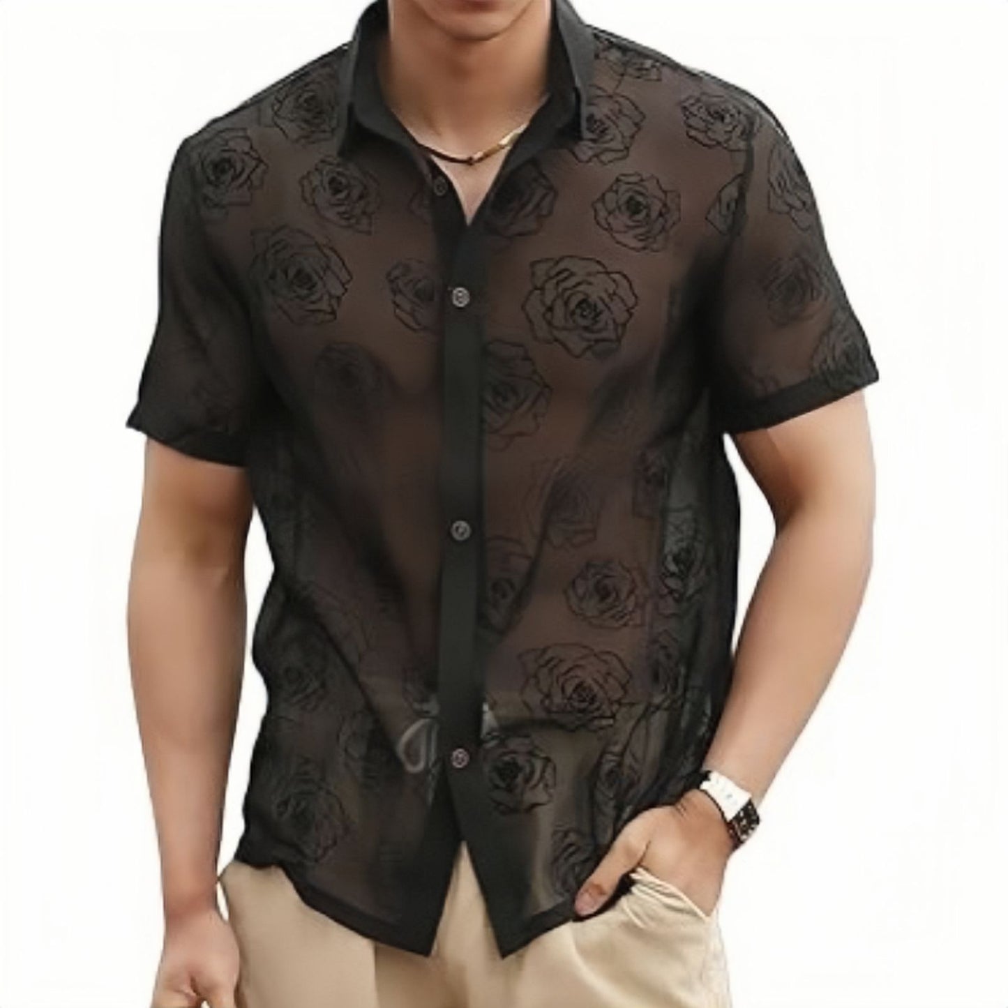 Men's Rose Flower Mesh See-through Button Short Sleeve