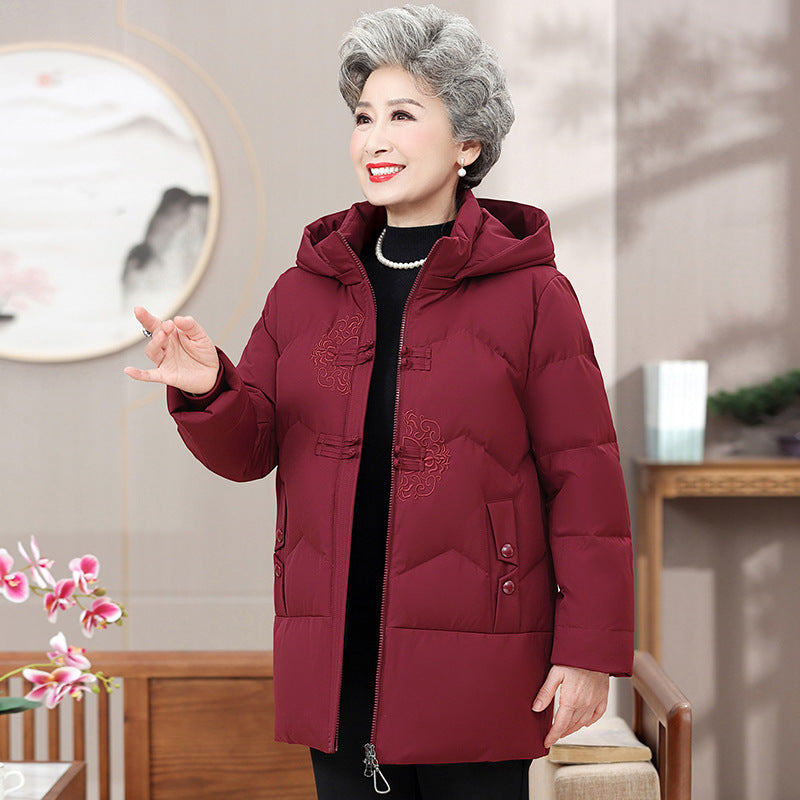 Middle-aged And Elderly Women's Dress White Duck Down Loose Warm Hooded Jacket