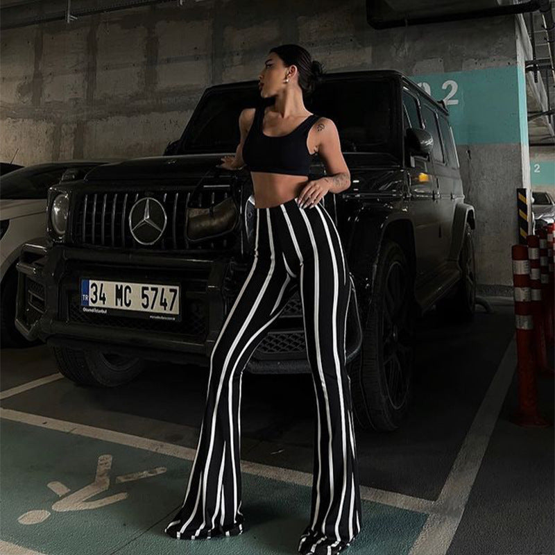 Striped Slightly Flared Black And White Contrast Casual Pants