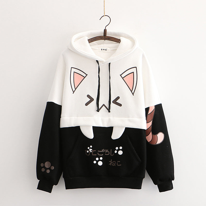 Ladies Cat Stitching Contrast Color Plus Fleece Hooded Sweater