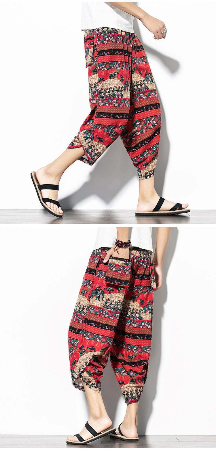 Printed Pants Baggy Cotton And Linen Loose Casual Cropped Pants