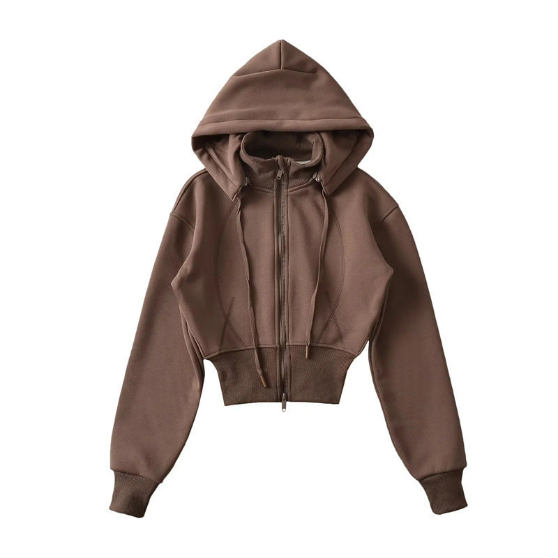 European And American Style Fleece-lined Waist Stand Collar Detachable Hooded Zipper Sweatshirt