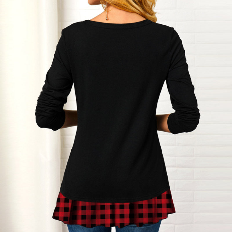 Women's new long-sleeved plaid irregular stitching T-shirts