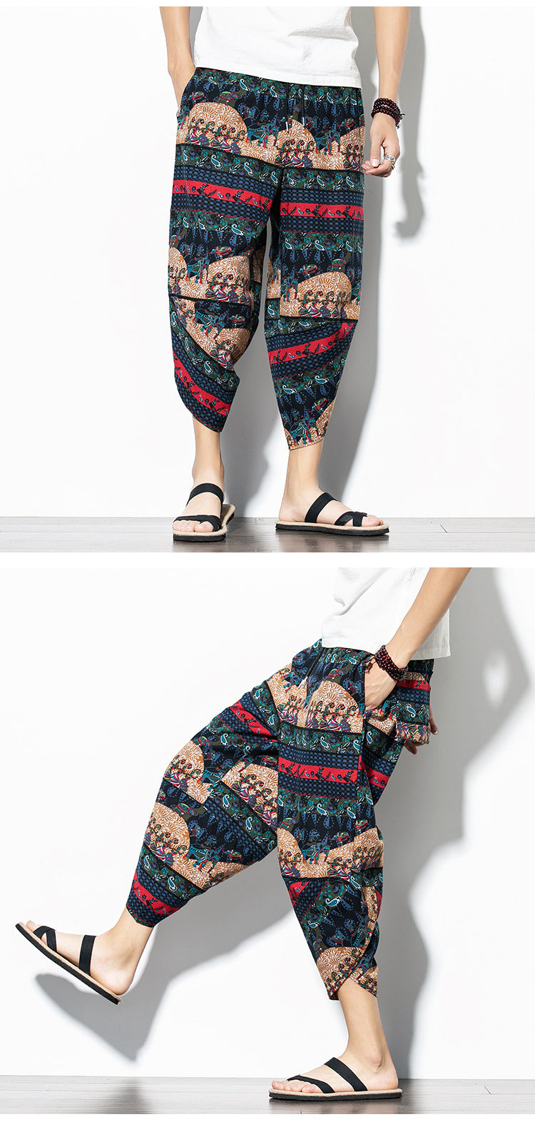 Printed Pants Baggy Cotton And Linen Loose Casual Cropped Pants