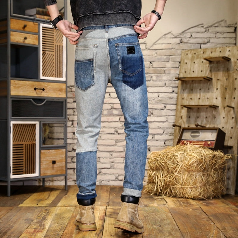 Men's Hole & Patch Contrast Color Slim Fit Straight Jeans