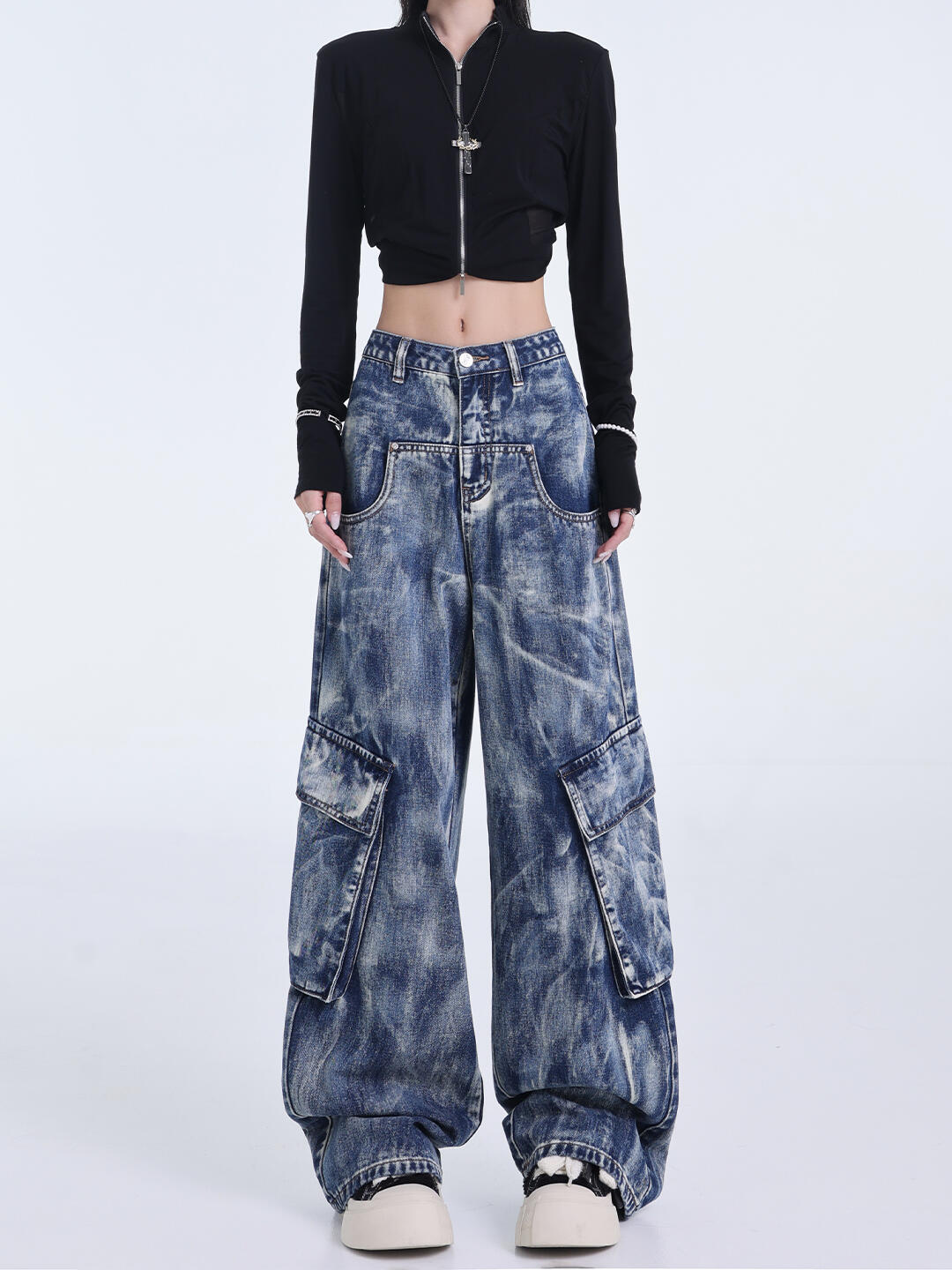 Retro Heavy Industry Washed Tie-dyed Jeans Straight Wide Leg Overalls