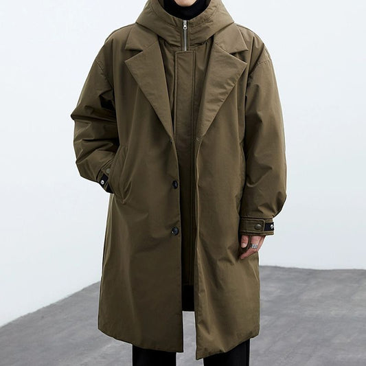 Coat Coat Men's False Two Pieces Hooded Mid-length Trench Coat