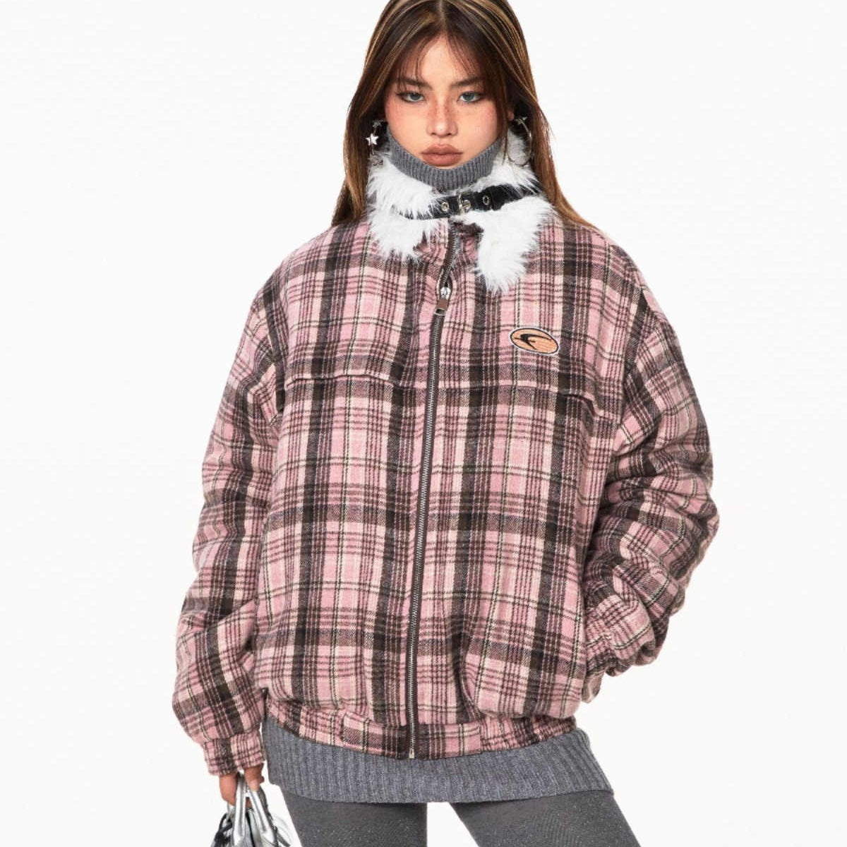 Retro Plaid Fur Collar Age-reducing Gray Loose All-match Design Cotton-padded Coat