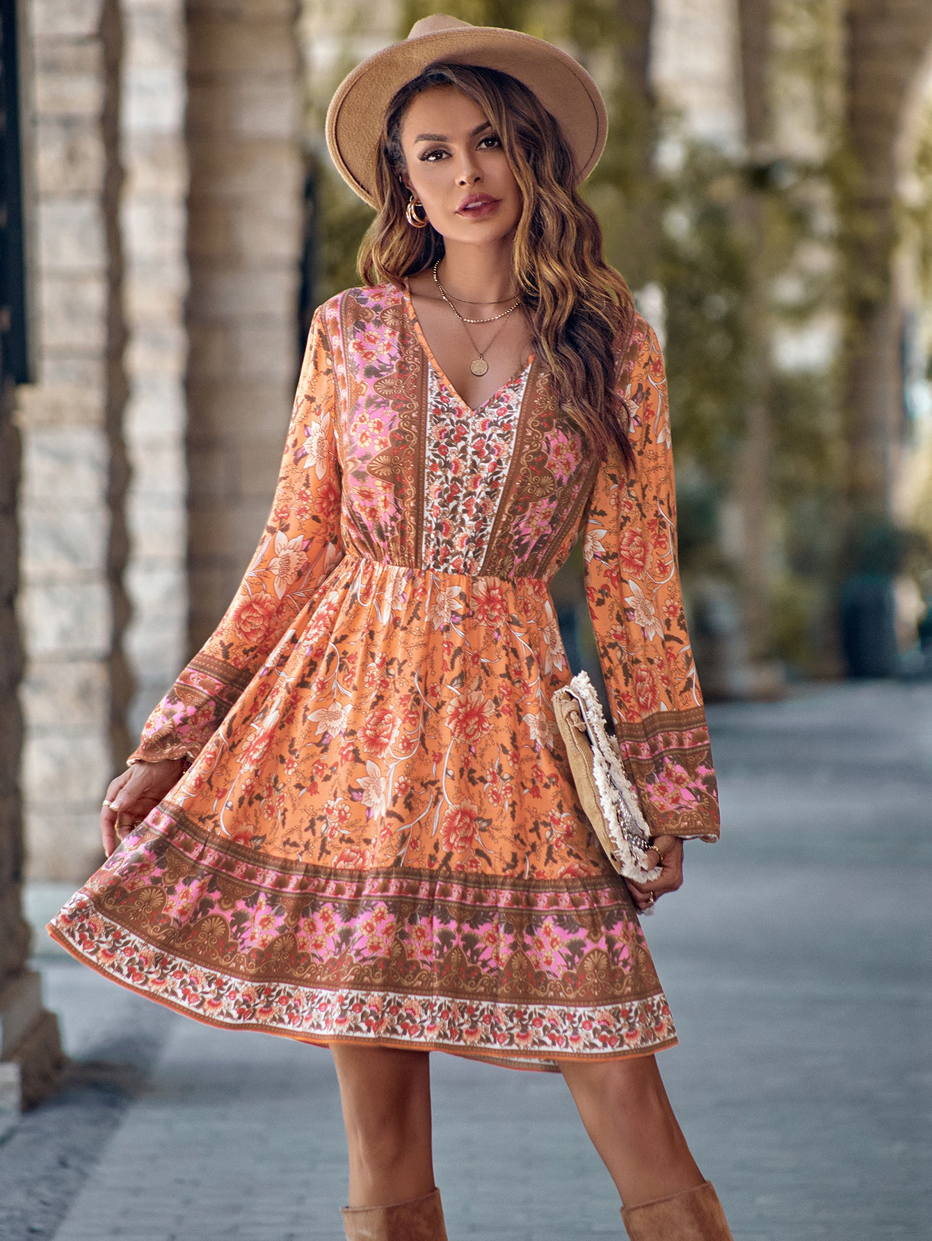 Printed V-neck Waist-controlled Long Sleeves Dress Women