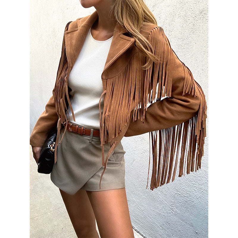 Genuine Leather Sheepskin Suede Lapel Tassel Motorcycle Short Jacket