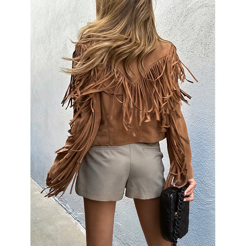 Genuine Leather Sheepskin Suede Lapel Tassel Motorcycle Short Jacket