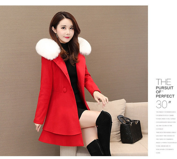 Women's Contrast Color Fur Collar Woolen Coat Amazon Plaids And Tweedst Slim Fit