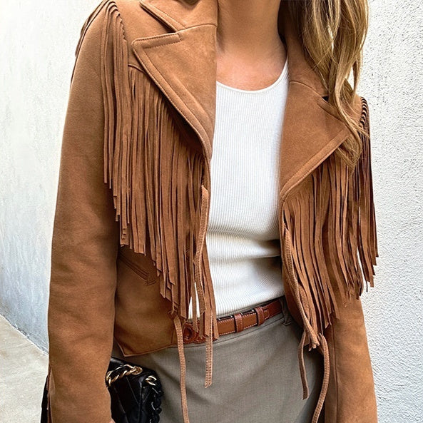 Genuine Leather Sheepskin Suede Lapel Tassel Motorcycle Short Jacket