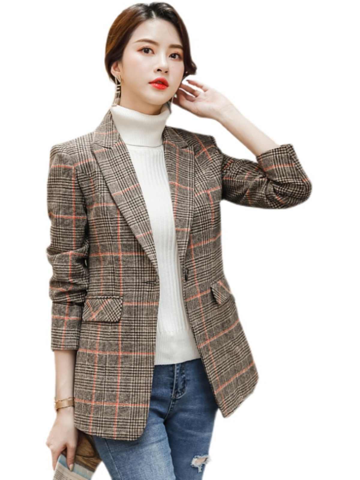 Plaid Suit Women's Waist Trimming Casual Coat