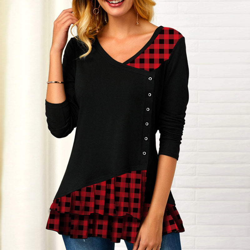 Women's new long-sleeved plaid irregular stitching T-shirts