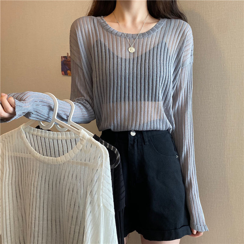 Korean Style Loose Thin Long Sleeved Hollow Knit Sweater Women